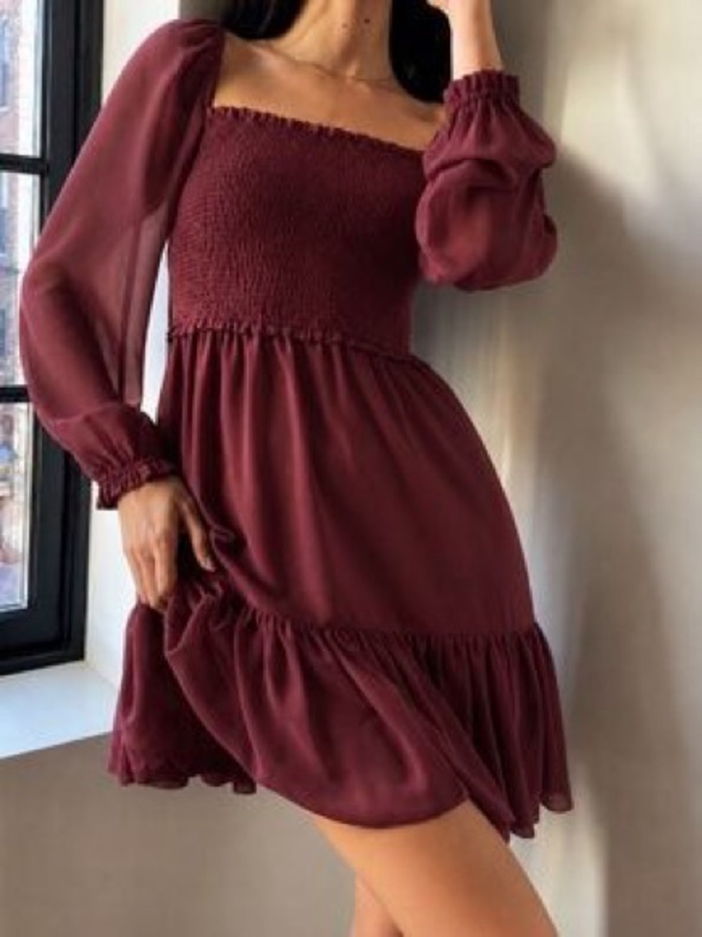 Aritzia Wilfred Tempest Square Neck Smocked Bodice Long-Sleeve Dress Size Small